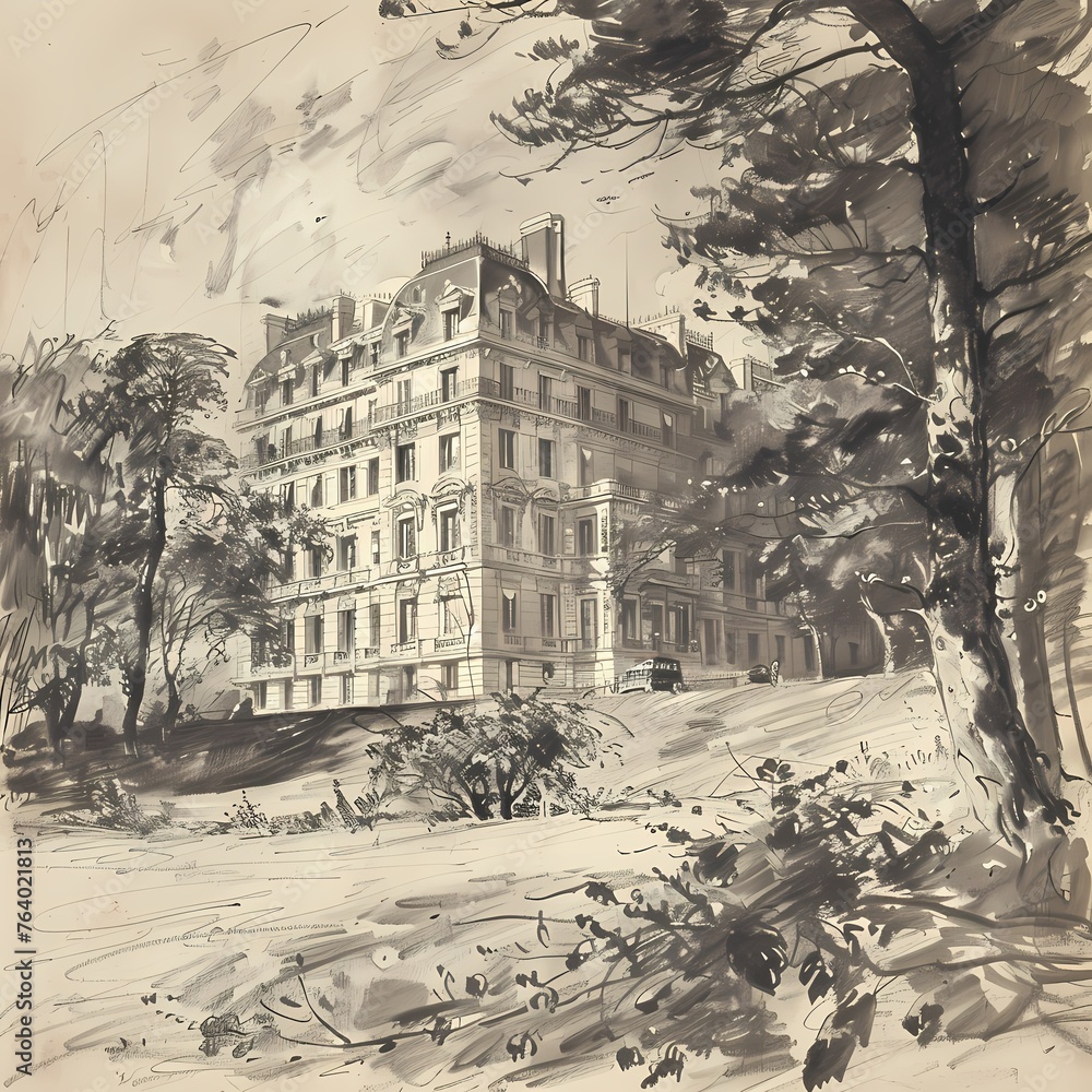 unfinishing sketch of a private Parisian hotel in the 1850 in the style of minimalist skecth, contemporary classicism, charcoal and dark grey pencil