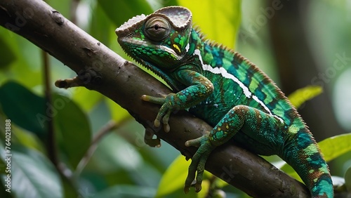 Chameleon on a branch in the rainforest