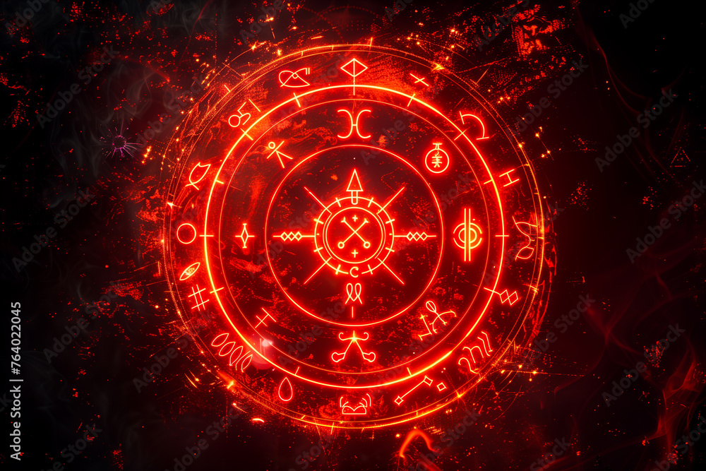 Fototapeta premium Red magic runes in a circle. Glowing spell effect. Ancient fantasy writing. Magical neon ring. 
