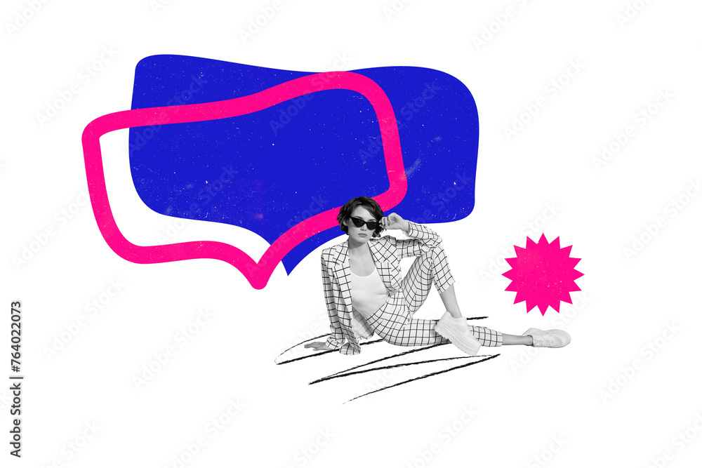 Fototapeta premium Creative collage young stylish girl checkered outfit model textbox phrase bubble communication chatting message concept white background