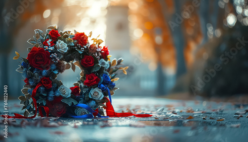 A wreath of red, white, and blue flowers is placed on a table