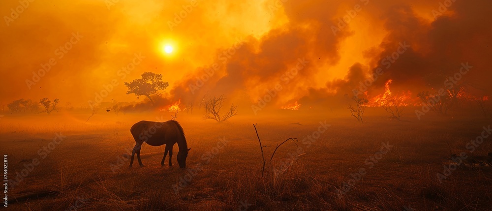 Smoky landscape from wildfires, fleeing animals, dusk, dramatic, orange glow