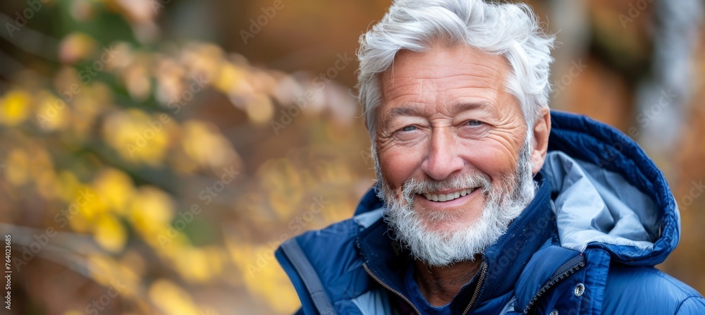 Middle aged male hiker in mountain landscape   outdoor adventure and exploration with copy space