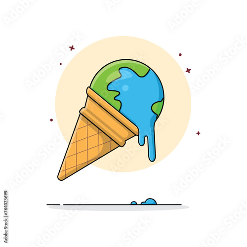 Melting Globe Cone Ice Cream  Vector Illustration. Food Object Concept Design