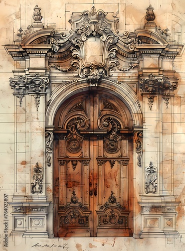 rough sketch of the large door, in the style of rococo-inspired details, white and bronze, philippe buchet, detailed monochrome, architectural vignette photo