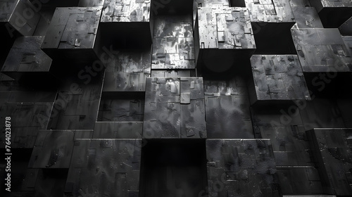 A dark image featuring a three-dimensional cubic geometric sculpture with a highly textured surface