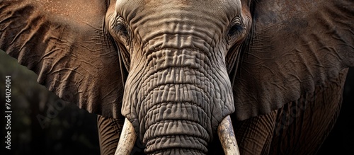 A detailed image showcasing the majestic features of an Indian elephants face, including its trunk and wrinkled snout, against a natural dark background