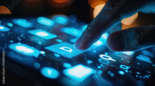 Close-up of a hand using tablet with social media icons.