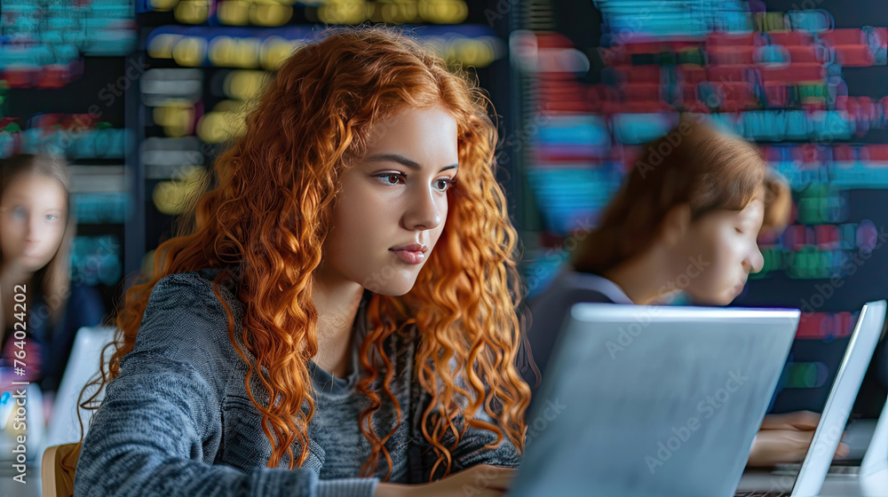 Female high school student learning coding on laptop during computer programing class in the classroom. Female high school student learning coding on laptop during computer programing class in the classroom.