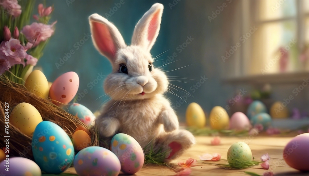 custom made wallpaper toronto digitalEaster bunny. Holiday Easter card. Magic illustration with a rabbit, a basket and Easter eggs
