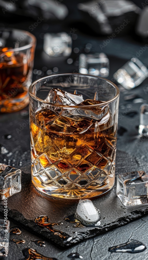 Whiskey glass with ice on dark blurred background, ideal for text, atmospheric copy space Whiskey glass with ice on dark blurred background, ideal for text, atmospheric copy space