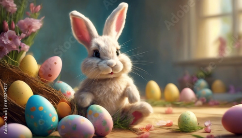 Wallpaper Mural Easter bunny. Holiday Easter card. Magic illustration with a rabbit, a basket and Easter eggs Torontodigital.ca