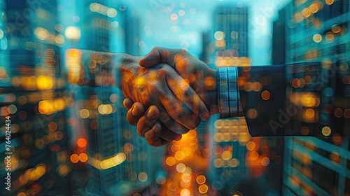 handshake close up hand with blur city building and office working space background