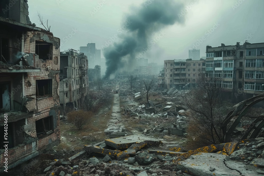 view of destroyed by war city ruins of buildings and smoke in air, generative AI