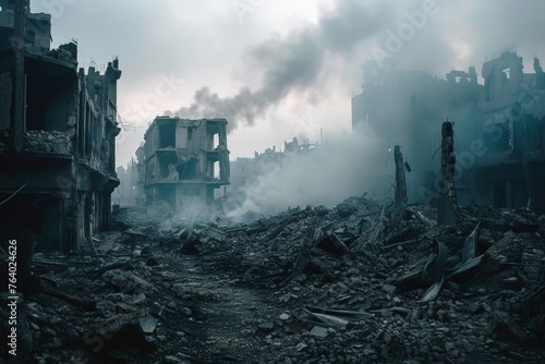 view of destroyed by war city ruins of buildings and smoke in air, generative AI