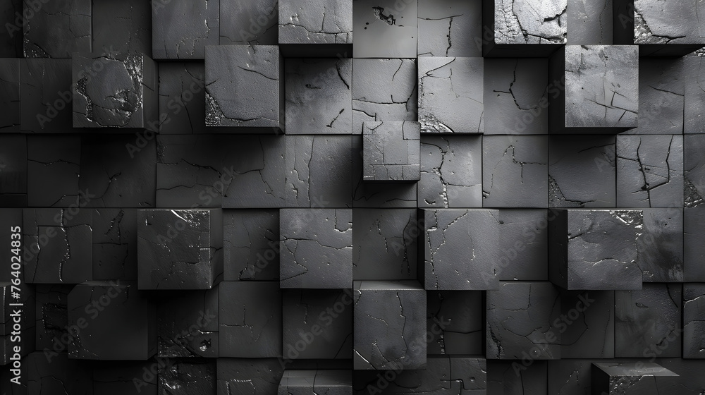 3D black cubes with deep cracks and distressed texture 3D black cubes with deep cracks and distressed texture