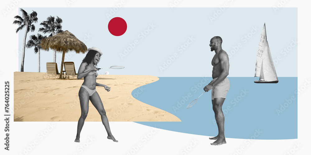 Happy African young man and woman, couple spending good time on summer vacation, playing on beach near sea. Contemporary art collage. Concept of active lifestyle, vacation, nature. Retro style - obrazy, fototapety, plakaty 