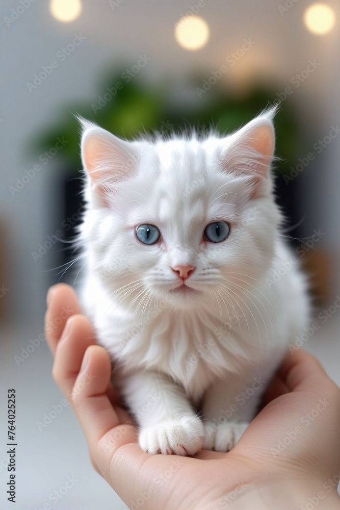 An adorable tiny white kitten on a human hand, vertical composition