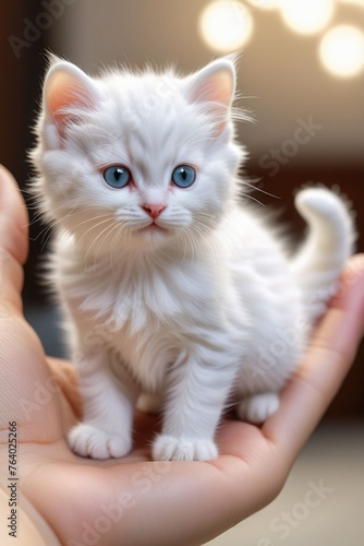 An adorable tiny white kitten on a human hand, vertical composition photo