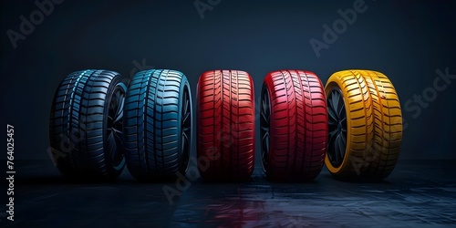 Showcasing Vibrant New Car Tires Against a Sleek Dark Background in an Auto Parts Advertisement. Concept Advertising Photography, Auto Parts, Vibrant Tires, Dark Background, Sleek Design
