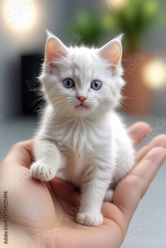 An adorable tiny white kitten on a human hand, vertical composition