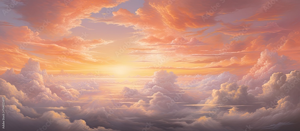 A painting capturing the beauty of a colorful sunset with fluffy clouds and a commercial airplane majestically flying through the sky