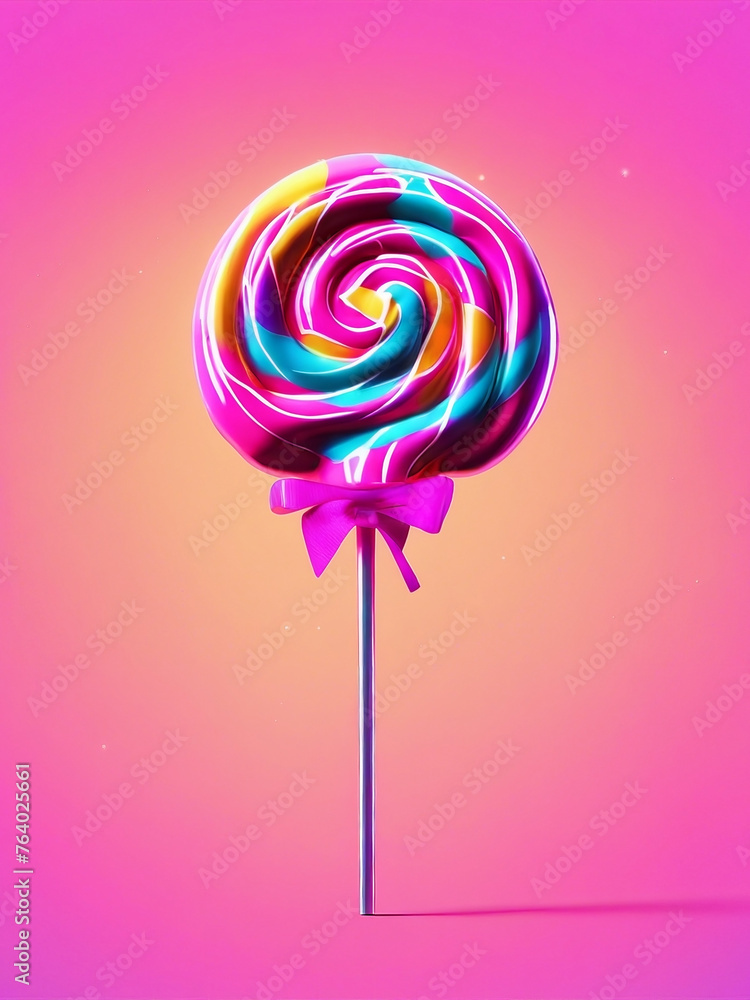Lollipop. Large sweet spiral lollipop on a plastic stick. Swirl colored lollipop with bow on pink background Lollipop. Large sweet spiral lollipop on a plastic stick. Swirl colored lollipop with bow on pink background