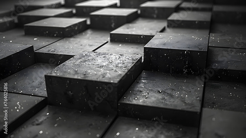 Macro shot of a geometric pattern with glistening wet black cubes