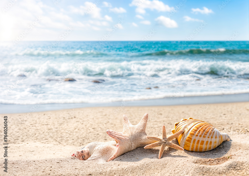 Seashells and starfish on sandy beach with sea background