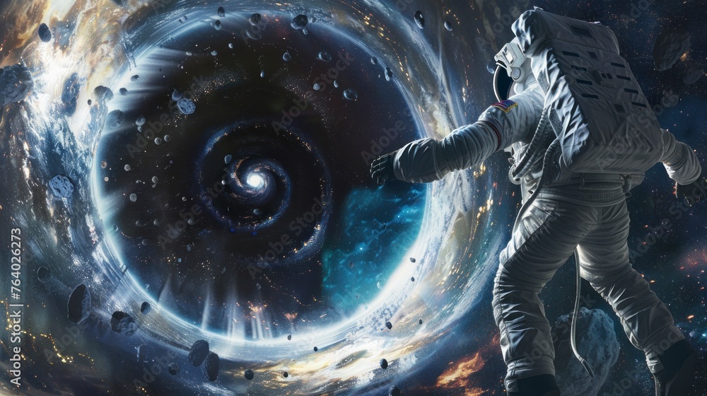 astronaut in a suit falling into a black hole in space floating in high ...