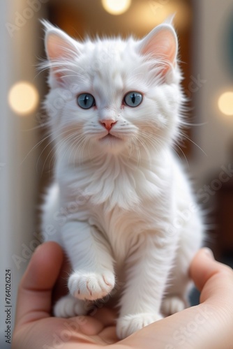 An adorable tiny white kitten on a human hand, vertical composition photo