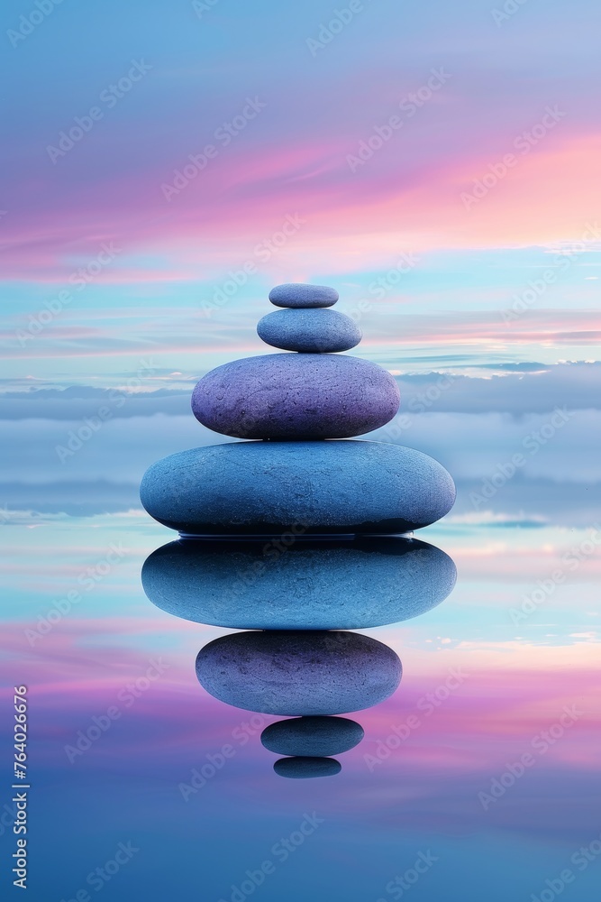 Zen stones exude serenity with vibrant sunset reflections in calm, tranquil waters
