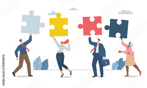 Business people work together to complete jigsaw puzzle in harmony. Effective teamwork, Problem solving, or ways to improve, career development concept, Symbol of teamwork, Vector design illustration.