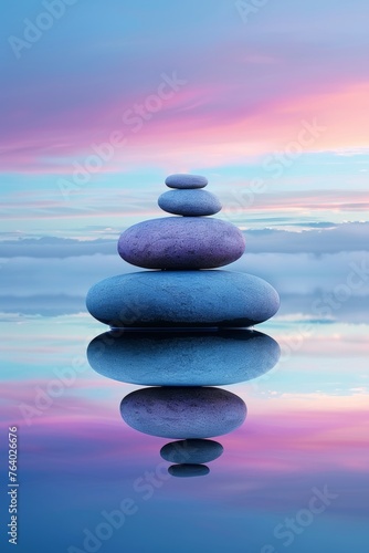 Zen stones exude serenity with vibrant sunset reflections in calm  tranquil waters