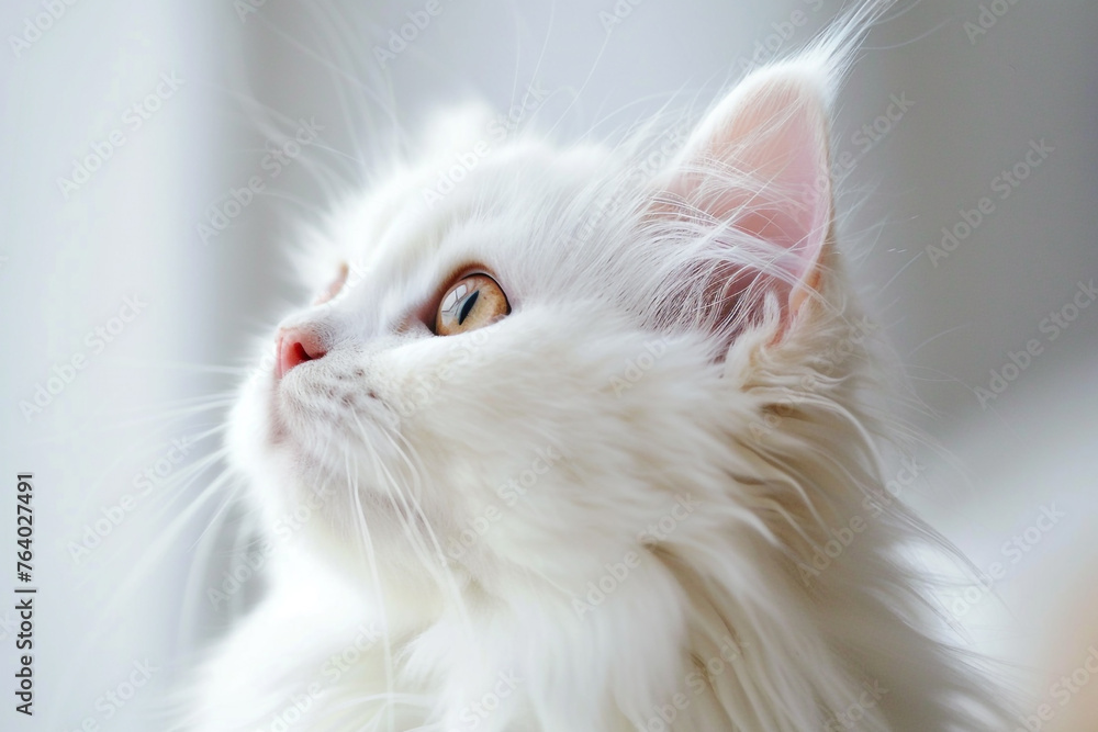 A portrait of a white cat viewed from the side.