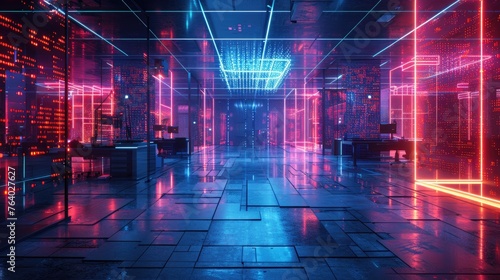 Modern neon cyberpunk open space office interior blurred with information technology overlay photo