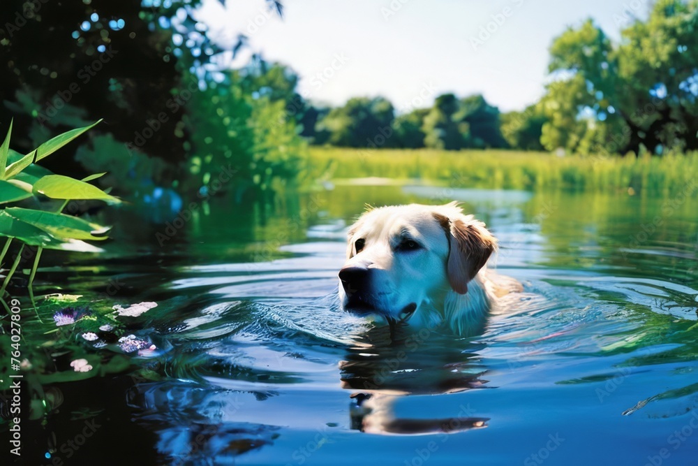 a Golden Retriever mixed-breed dog swimming in a lake. a Golden Retriever mixed-breed dog swimming in a lake.