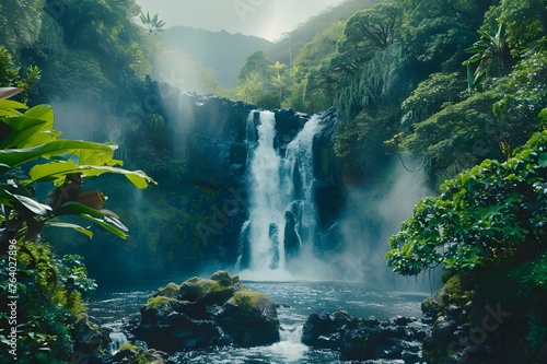 Majestic Waterfall: Showcase the raw power and beauty of a majestic waterfall surrounded by mist and lush vegetation.