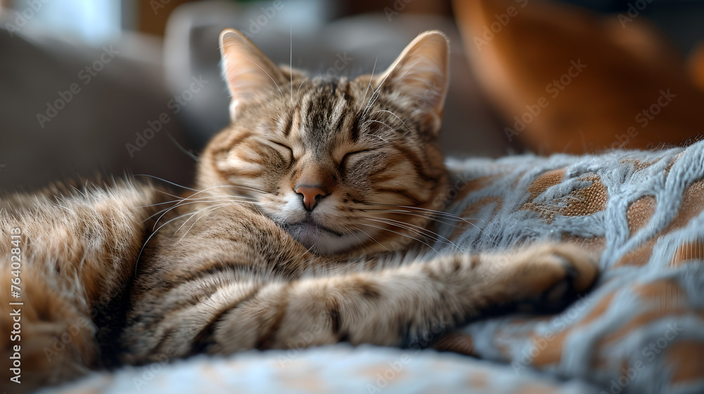 Blissful Tabby Cat Lounging on a Soft Throw, Generative AI