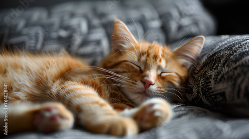 Content Ginger Cat Dreaming on a Cushioned Couch, Generative AI © Crowcat