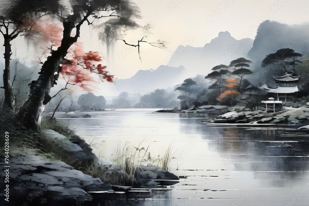 Fototapeta premium alpine lake at dawn with magical misty atmosphere.