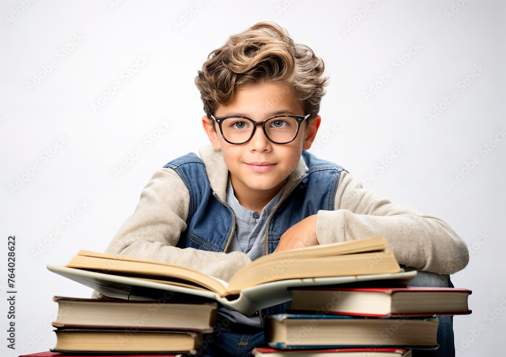 Portrait of a cute little boy with eyeglasses and books Portrait of a cute little boy with eyeglasses and books