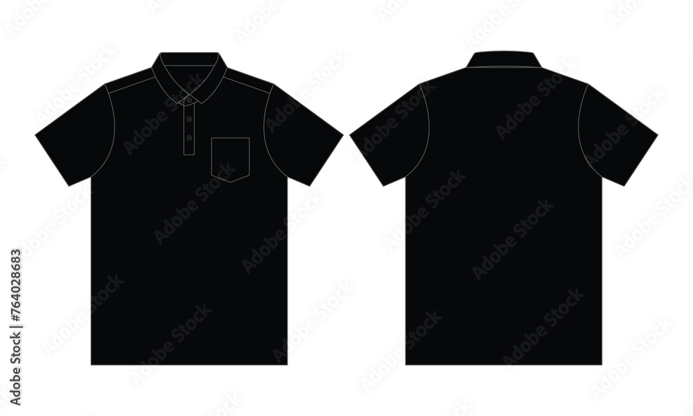 Blank black short-sleeve polo shirt with a left chest pocket on a white background. Front and back views, vector file. Blank black short-sleeve polo shirt with a left chest pocket on a white background. Front and back views, vector file.