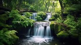 Cascading waterfall surrounded by lush greenery. AI generated