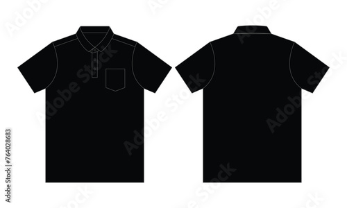 Blank black short sleeve polo shirt with one pocket template on white background. Front and back view, vector file