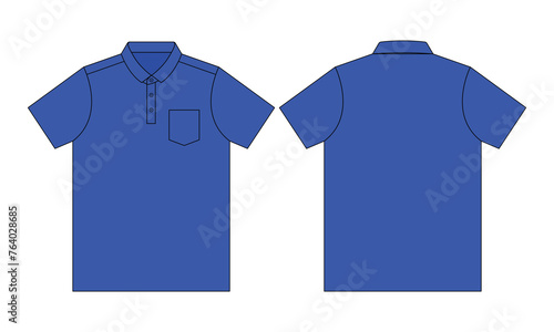 Blank blue short-sleeve polo shirt with a left chest pocket on a white background. Front and back views, vector file.