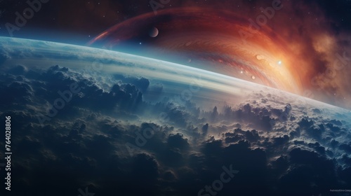 a gas giant with swirling storms  massive atmospheric phenomena  and floating islands suspended in the upper layers of the atmosphere.