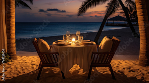 Cafe on the seaside  served table and two chairs on the seashore  romantic evening.