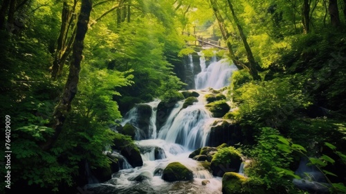 Cascading waterfall surrounded by lush greenery. AI generated