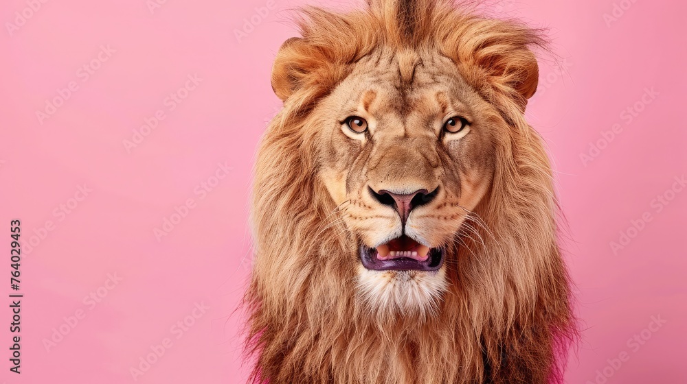 Obraz premium studio headshot portrait lion smiling against a pink background